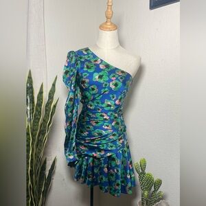 🌼 Borgo De Nor One Shoulder Floral Mini Dress Blue Silk Ruched Size 6